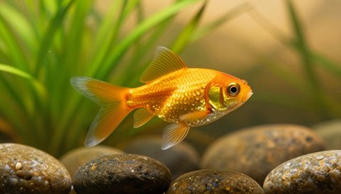 Goldfish among aquatic plants, golden hour