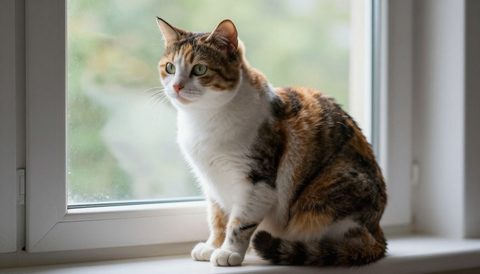 Calico cat sitting by the window