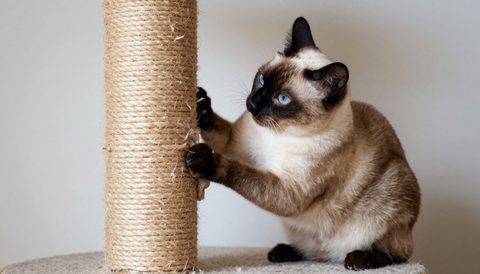 Siamese cat using a scratching post