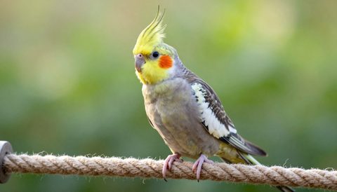 Cockatiel playing on a rope perch, morning light