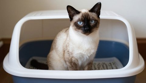 Siamese cat next to a litter box