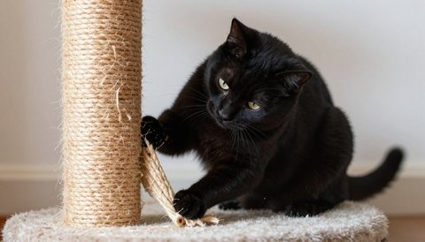 Black cat using a scratching post