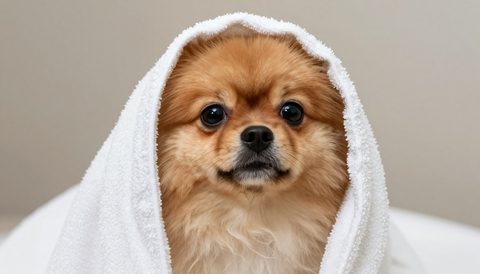 Pomeranian in a towel after a bath