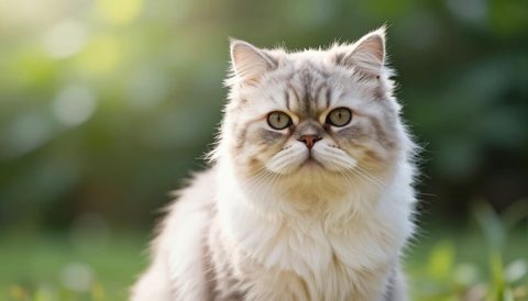 Persian cat sitting, looking at the camera, morning light