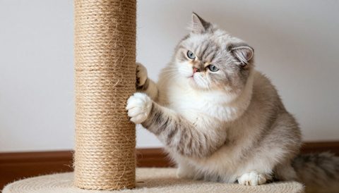 Persian cat using a scratching post