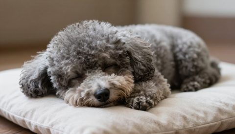 Toy poodle sleeping on a cushion