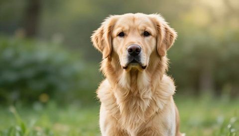Golden retriever sitting, looking at the camera, morning light
