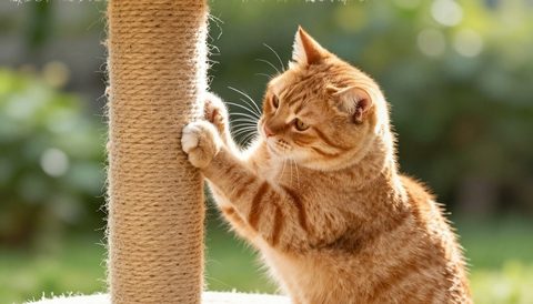 Orange tabby cat using a scratching post, morning light