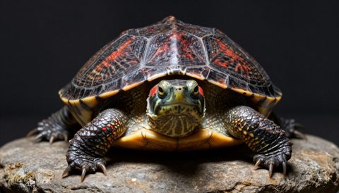 Red-eared slider on a flat stone, dark background