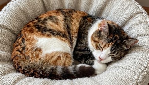 Calico cat curled up asleep