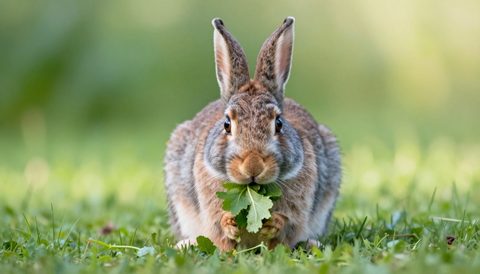 Rabbit eating fresh greens, morning light