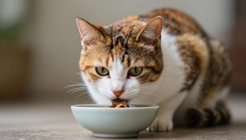 Calico cat eating from a bowl