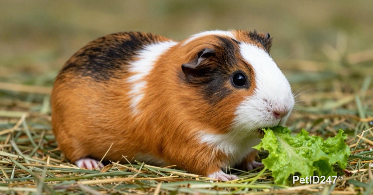 Guinea pig eating a lettuce leaf on hay