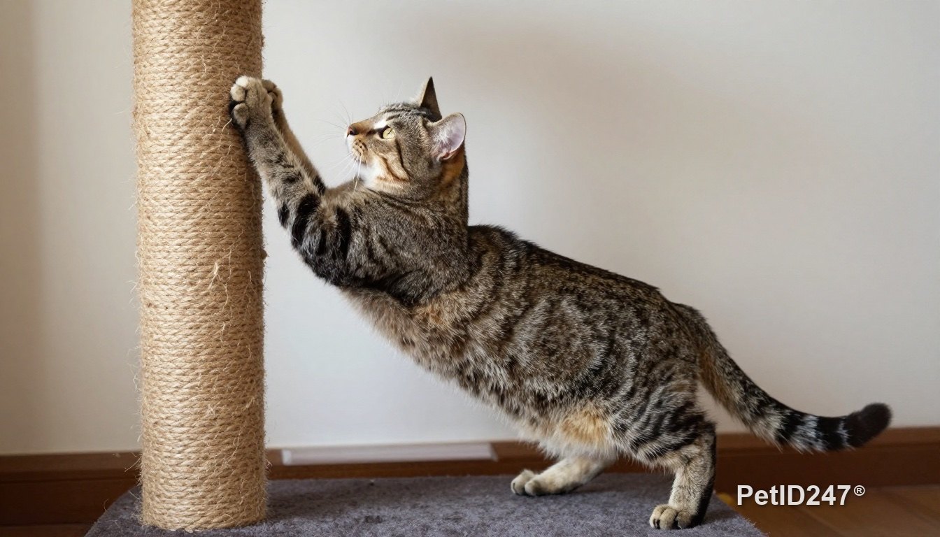 Cat stretching up to scratch a rope post