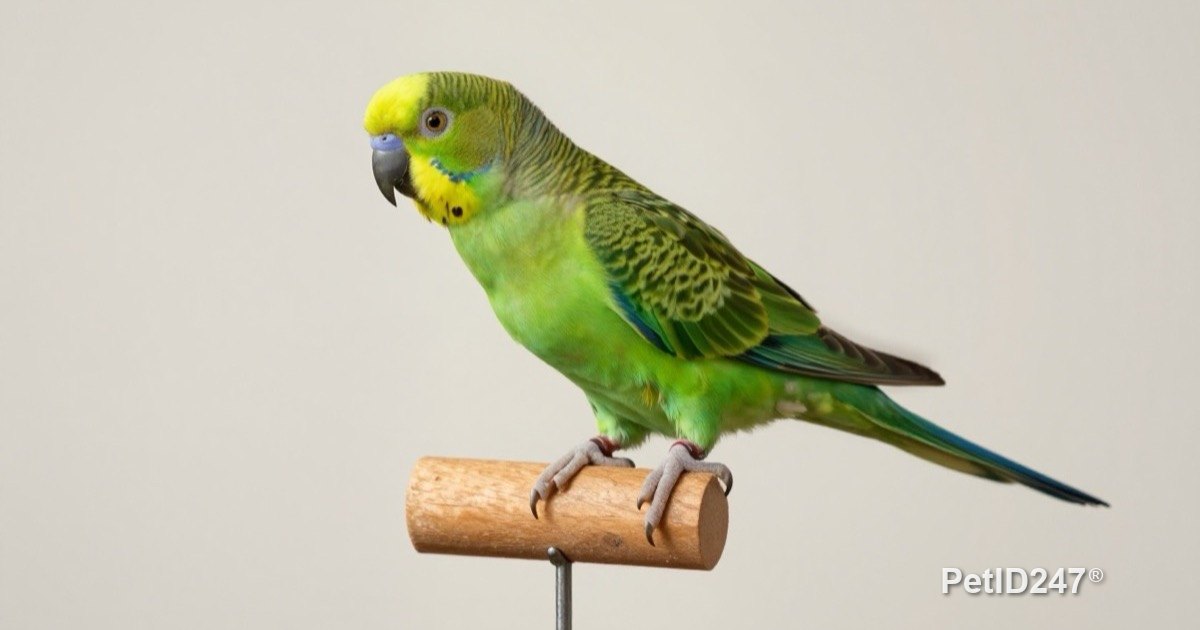 Green parrot stepping onto a wooden perch stick