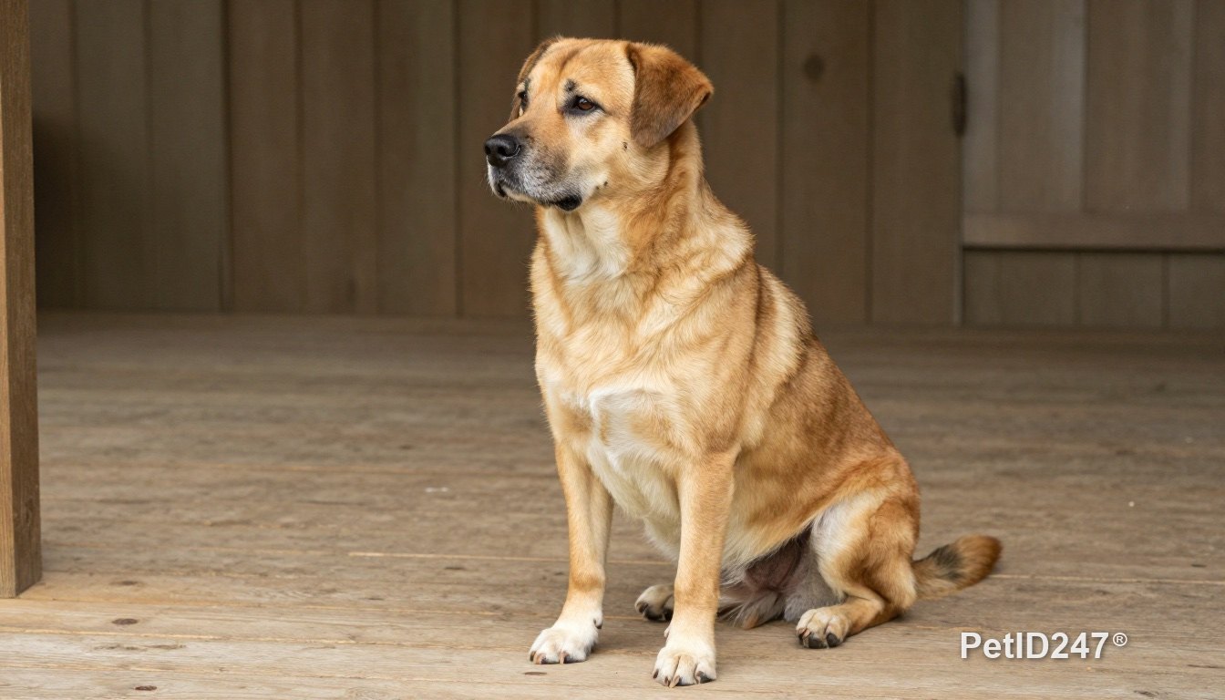 Dog sitting calmly on a wooden porch
