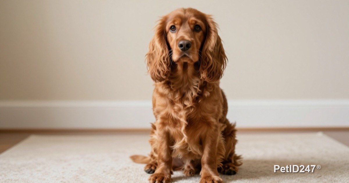 Long-eared dog sitting on a rug