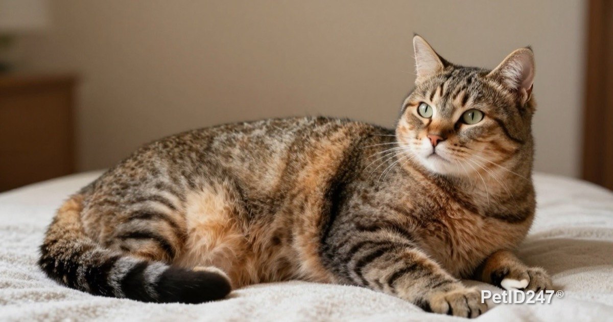Pregnant cat resting on a blanket