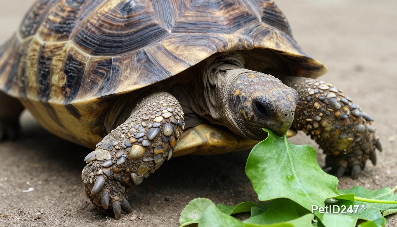 Tortoise eating green leaves