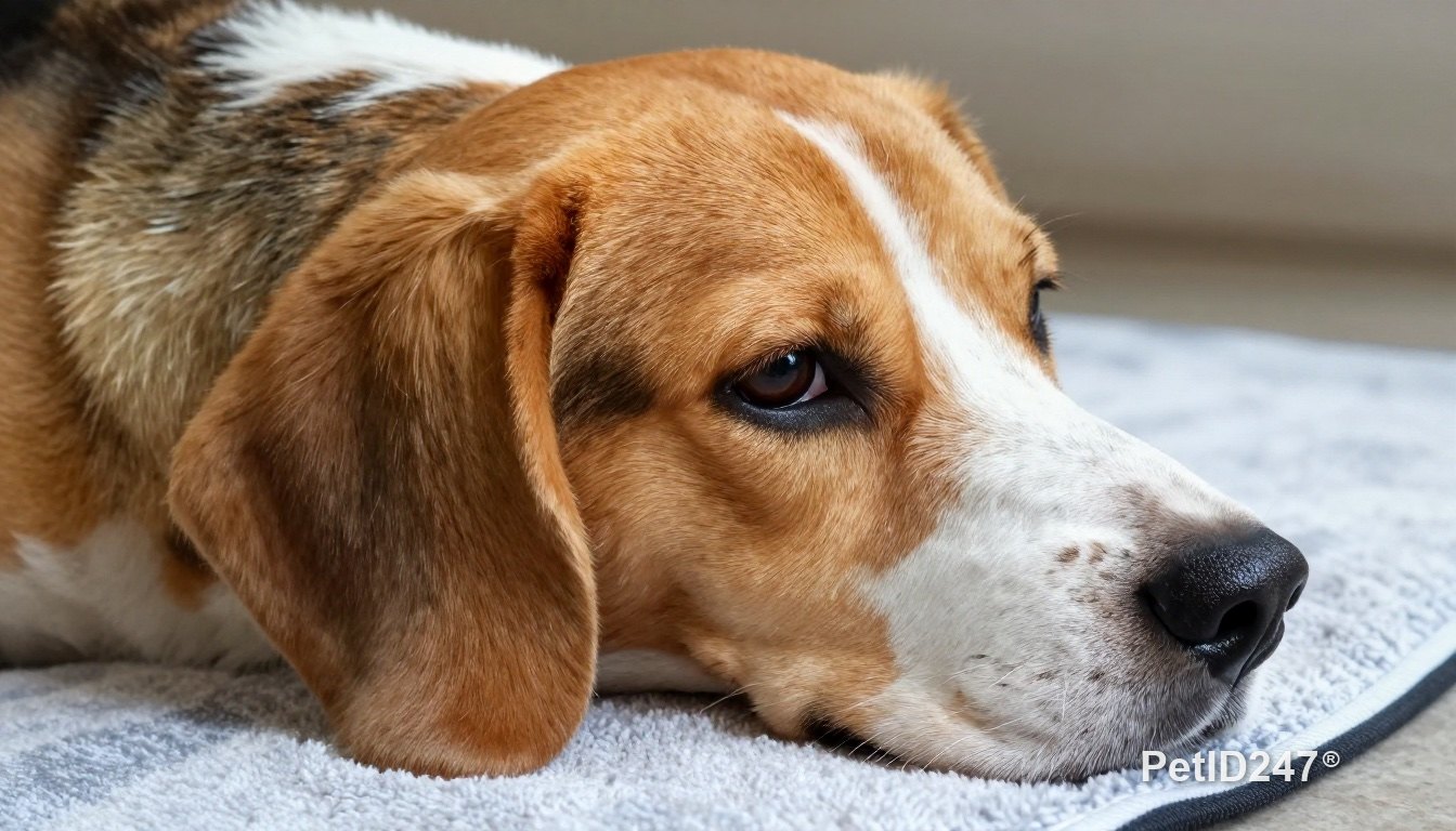 Dog lying on a towel, close-up of its ear