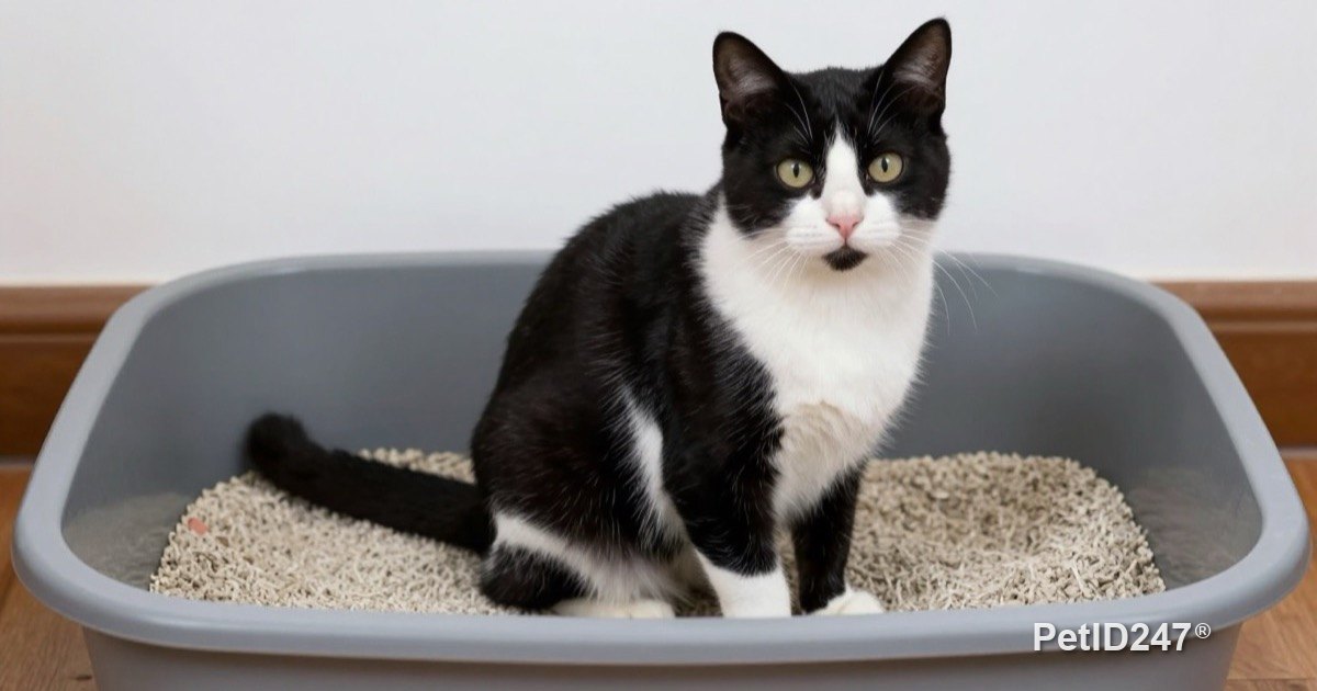 Cat sitting in a clean litter box