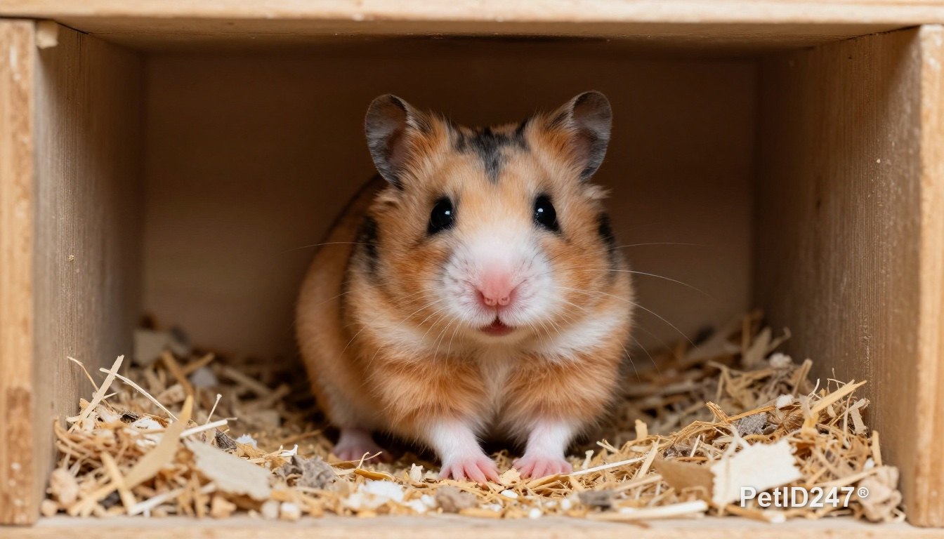 Hamster sitting in a wooden hideout with shredded paper