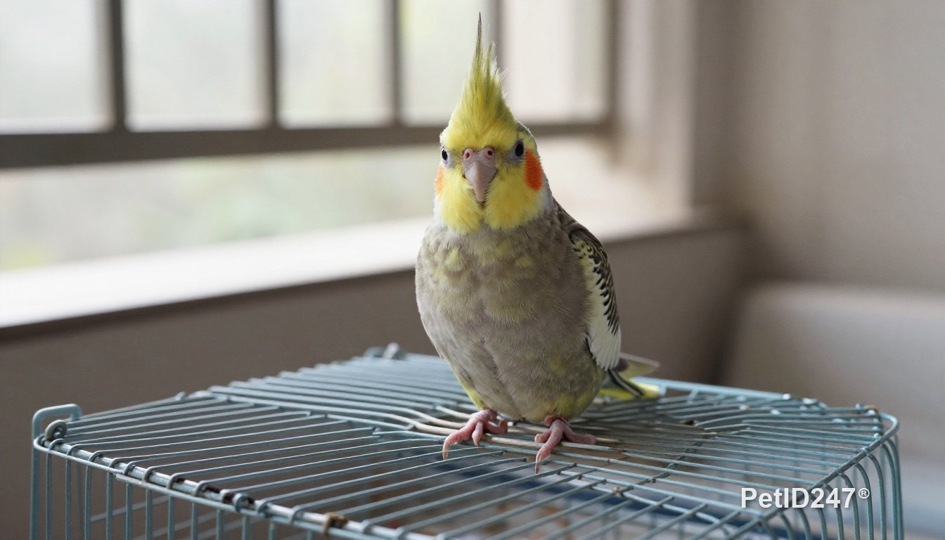 Cockatiel sitting on top of an open cage on a balcony