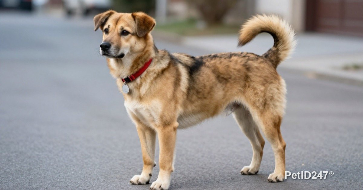 Dog with a collar and name tag standing on a street