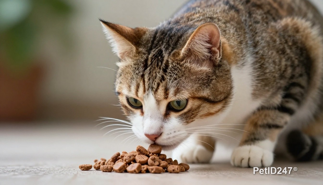 Cat sniffing a pile of kibble on the floor