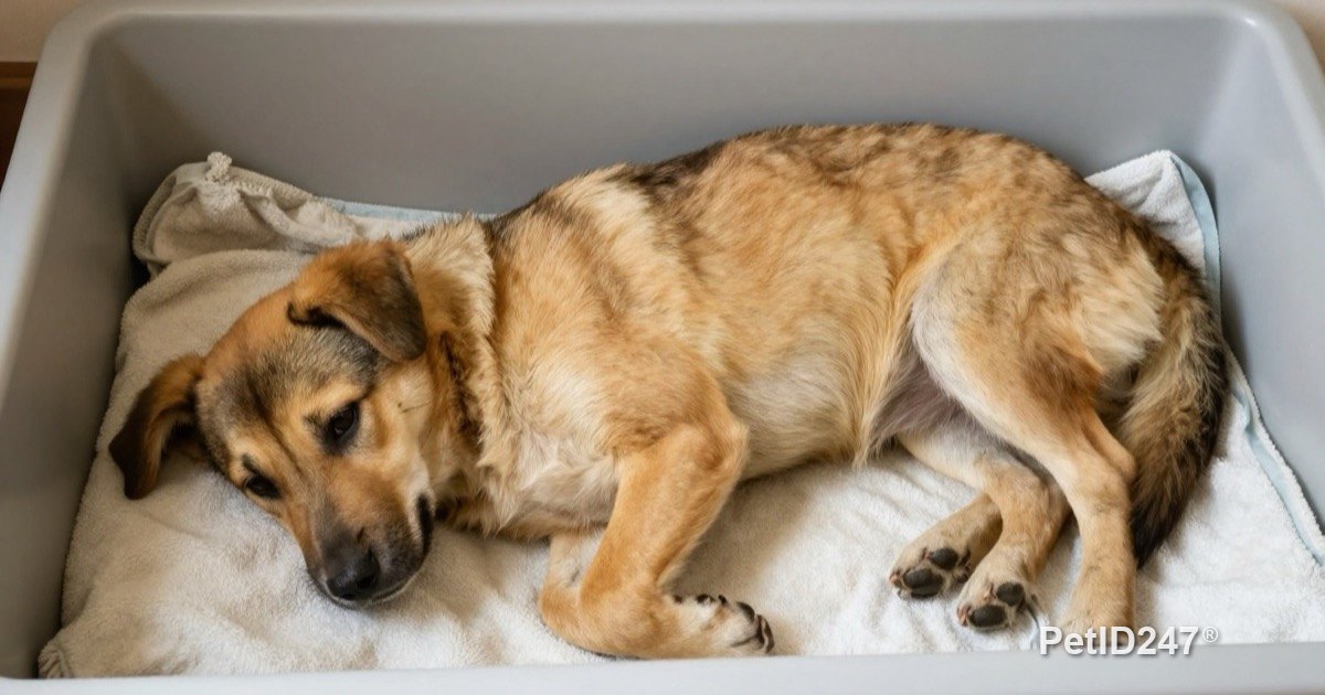 Mother dog resting in a whelping box lined with soft towels