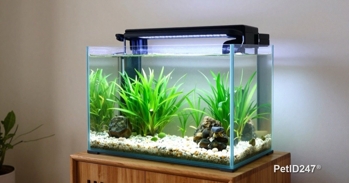 Aquarium with a lid on a sturdy cabinet in a living room