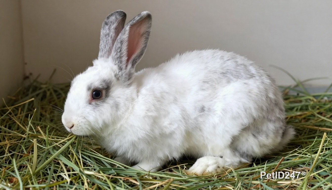 Rabbit eating hay in a clean pen