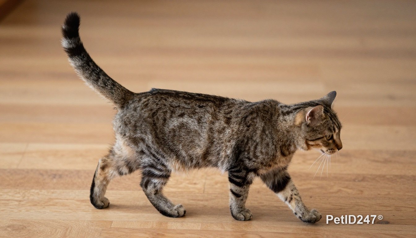 Cat walking toward the camera with tail up