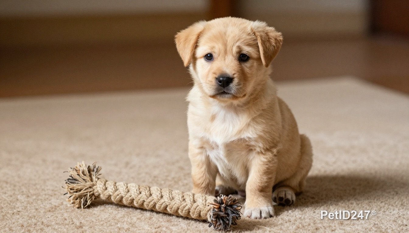 Puppy sitting next to a rope toy