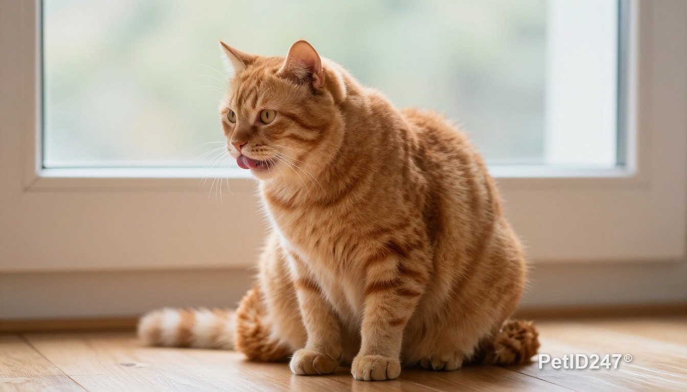Orange cat sitting and licking its lips