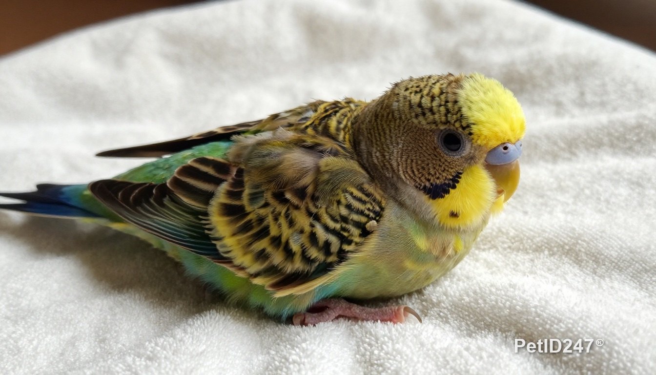 Young budgie chick resting on a soft towel