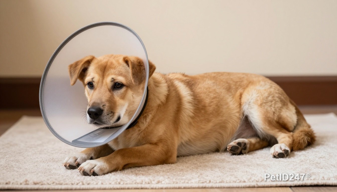 Dog wearing a recovery cone resting after surgery