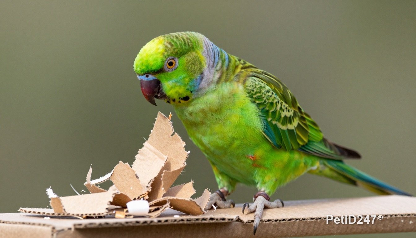 Green parrot shredding a paper foraging toy