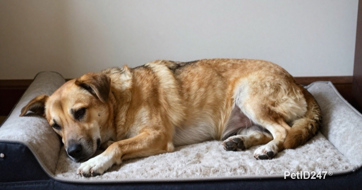 Adult female dog resting on a low cushioned bed
