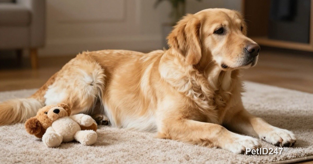 Gentle dog lying on a playroom rug