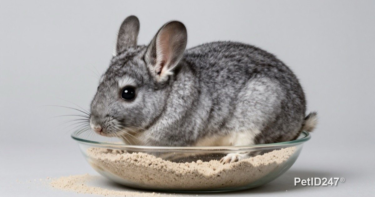 Chinchilla rolling in a bowl of bathing dust