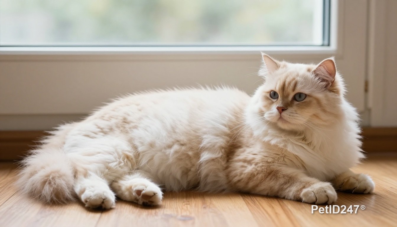 Long-haired cat lying on a wooden floor