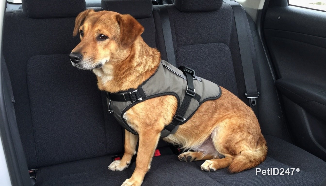 Dog in a harness sitting on a car's back seat