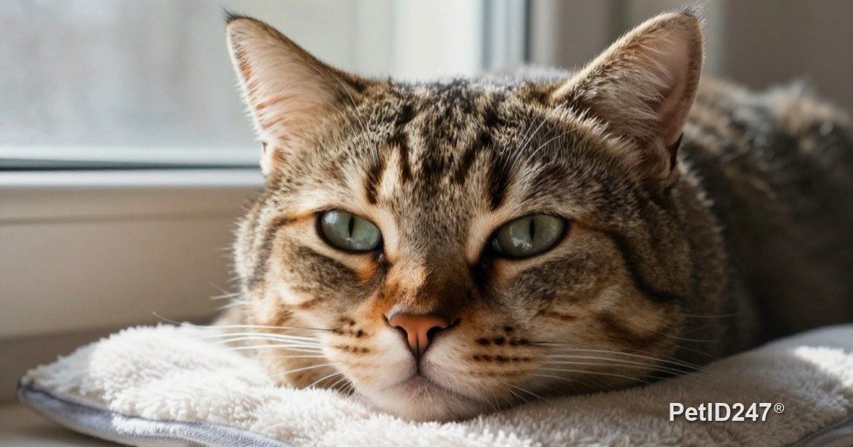 Tabby cat with slightly watery eyes resting