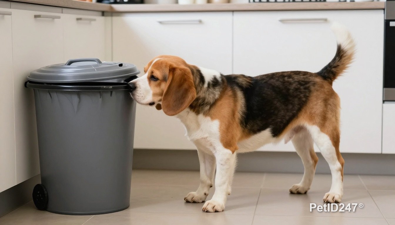 Curious dog sniffing a lidded trash bin