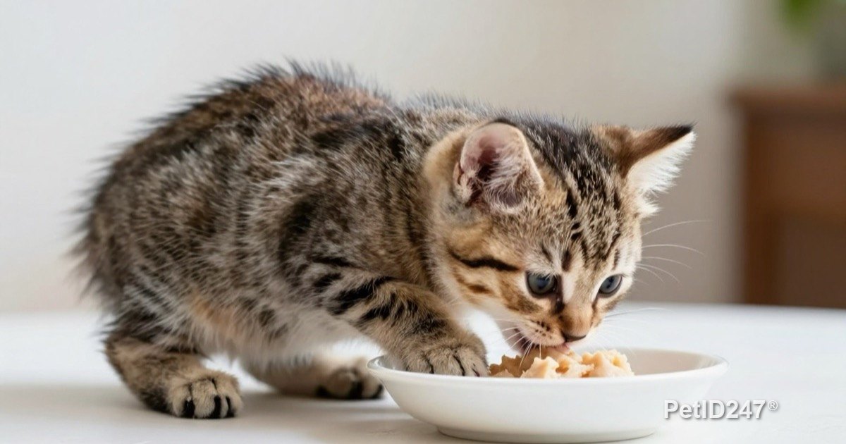 Kitten eating soft food from a shallow dish
