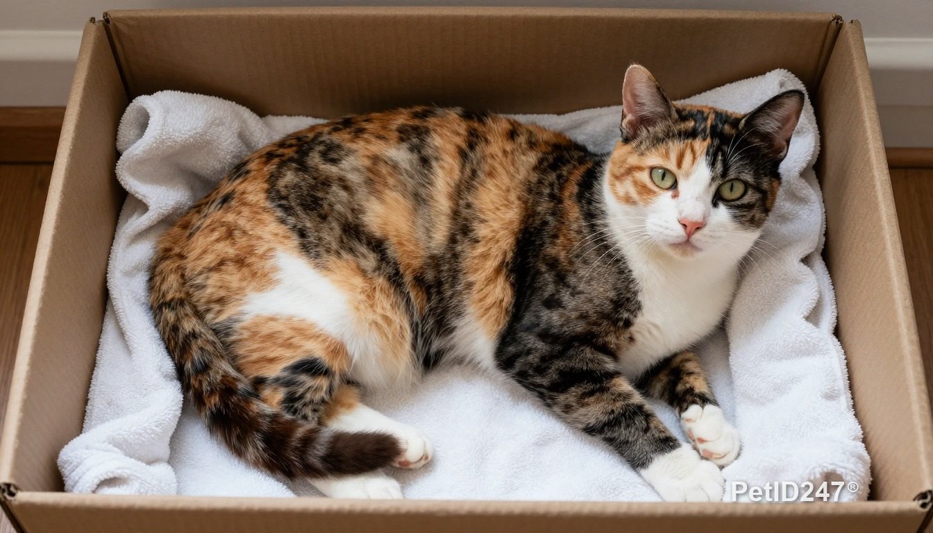 Cat lying in a towel-lined nesting box