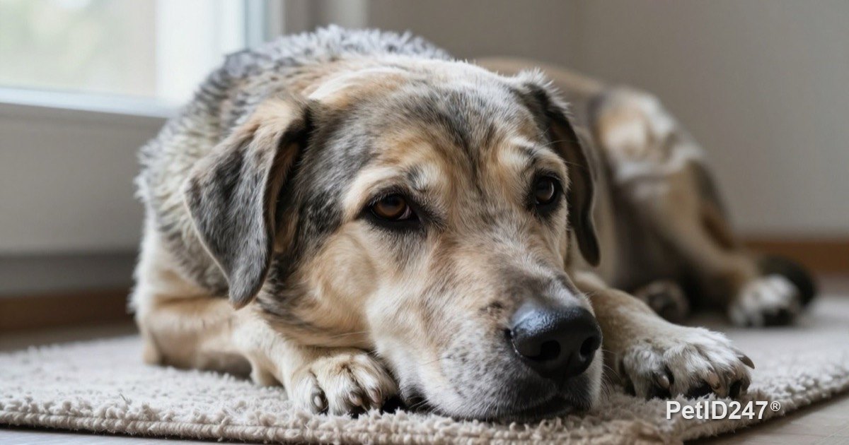 Grey-muzzled senior dog resting by a window