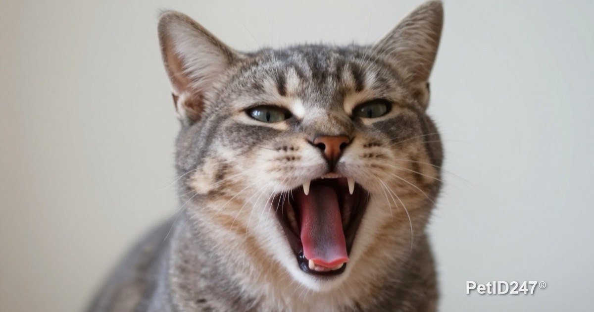 Gray tabby cat yawning and showing its teeth