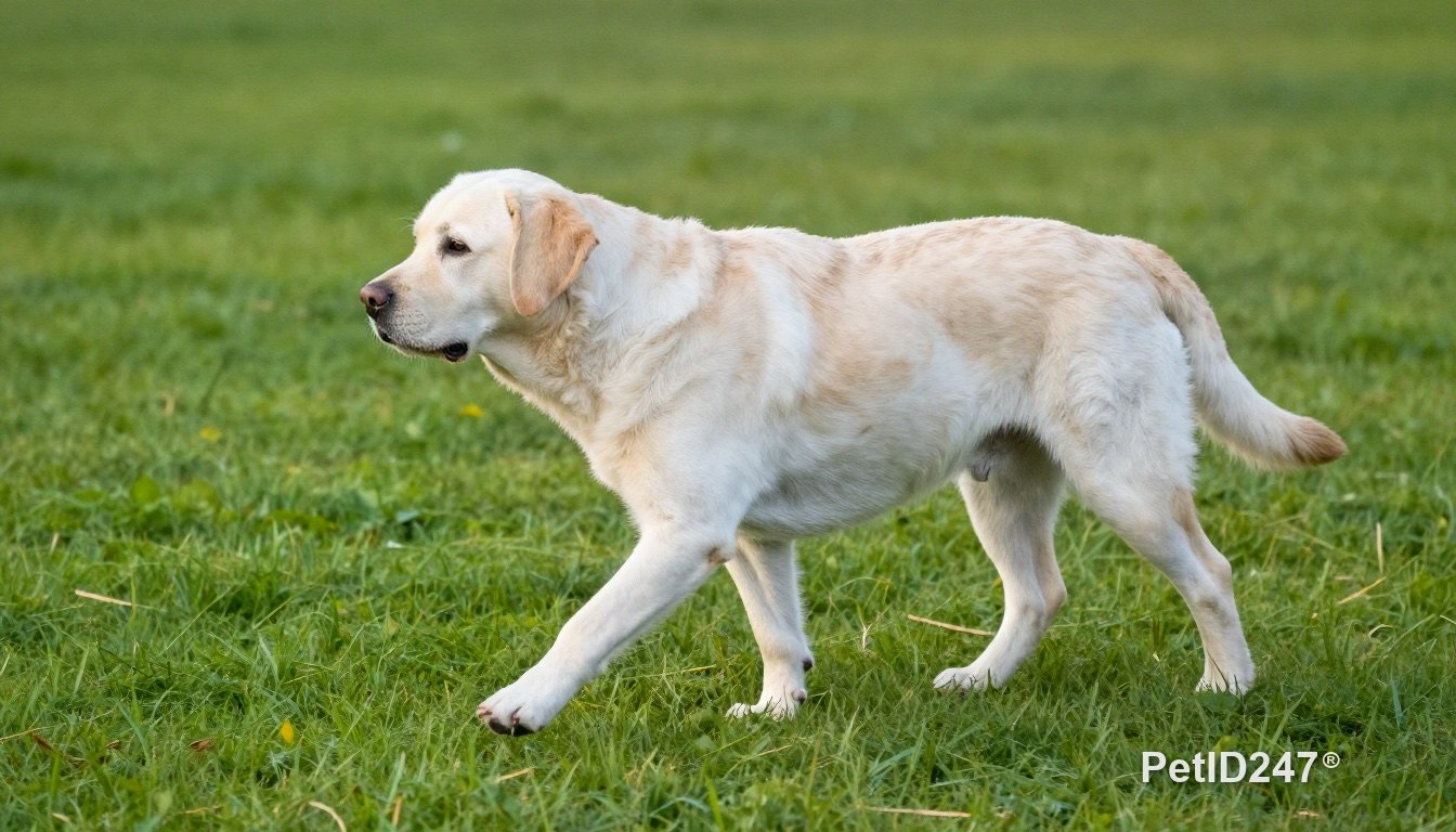 Older dog walking slowly on the grass
